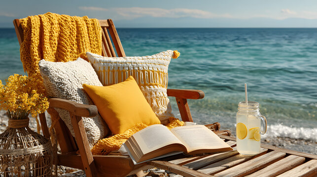 Wooden beach chair with a book and two pillows on it. A glass of lemonade is on the chair