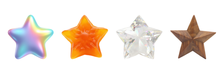 Colorful Star Shapes Set. Decorative Elements And Material Diversity Collection Isolated On Transparent Background