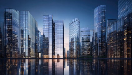 Fototapeta premium Modern cityscape reflected in tranquil water at twilight