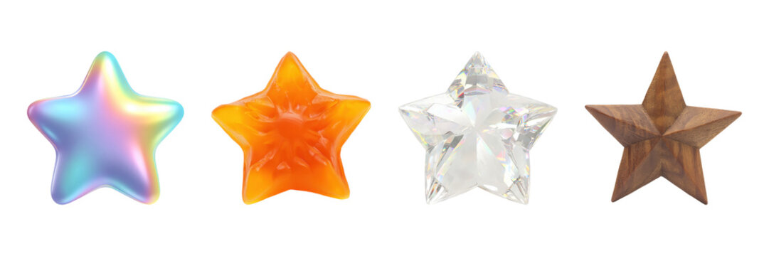 Colorful Star Shapes Set. Decorative Elements And Material Diversity Collection Isolated On Transparent Background