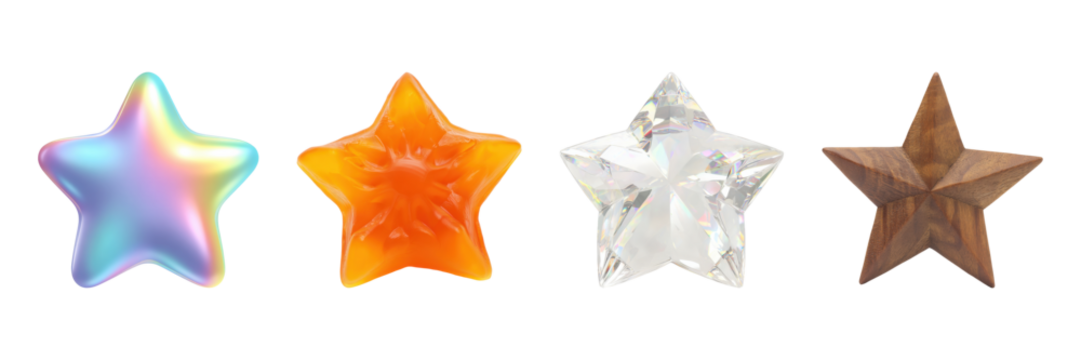 Colorful Star Shapes Set. Decorative Elements And Material Diversity Collection Isolated On Transparent Background - Powered by Adobe