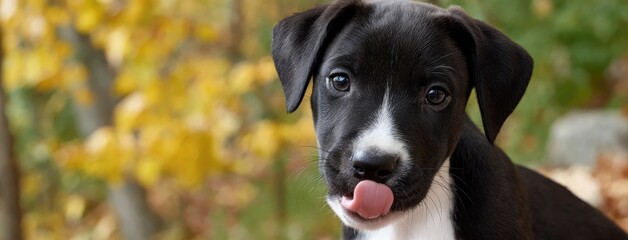 Cute puppy in a stylish jacket sticks out its tongue against an autumn forest backdrop featuring vibrant yellow hues and plenty of empty space for text