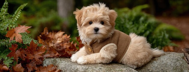 Cute puppy in a stylish jacket sticks out its tongue against an autumn forest backdrop featuring vibrant yellow hues and plenty of empty space for text