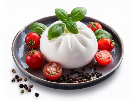 burrata cheese with cherry tomatoes basil and peppercorns n italian ingredients isolated on transparent or white background