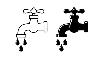 Water Faucet with Drip Icons in Outline and Solid Black Vector Style