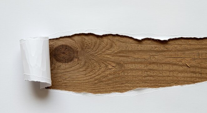 Torn Paper Reveals Wood Texture - A piece of white paper is torn to reveal a strip of light brown wood underneath. The texture of the wood is visible