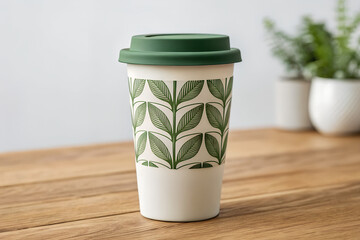 A reusable coffee cup with a green lid and leaf pattern on a wood table on transparent background
