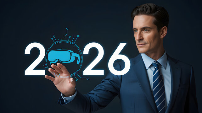 A businessman interacts with a holographic VR headset symbol predicting the future of technology in year 2026.