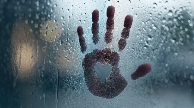 Child's handprint on a misty window, heart