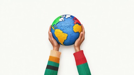 A pair of hands holds a colorful globe, symbolizing unity and care for the planet.
