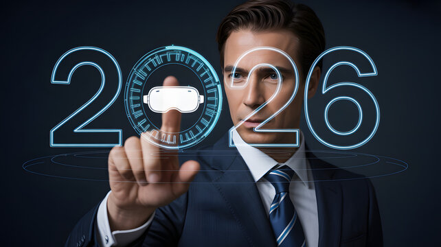 A businessman interacts with a futuristic 2026 holographic display featuring augmented reality or virtual reality goggles, technology trends, future innovation. - Powered by Adobe