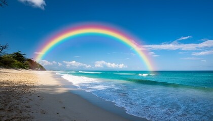 a vivid rainbow arcs gracefully over a serene beach scene with a clear blue sky and gentle waves