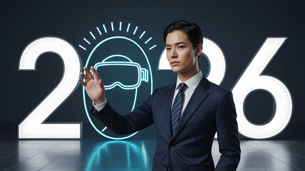 Envisioning the future, a businessman interacts with a virtual reality interface, marking the year 2026 with modern technology.