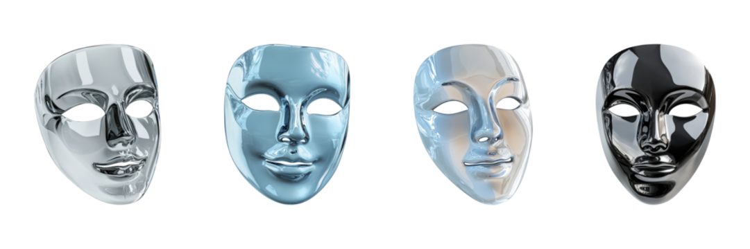 Reflective Metallic Masks Set. Artistic Expression And Identity Exploration Collection Isolated On Transparent Background