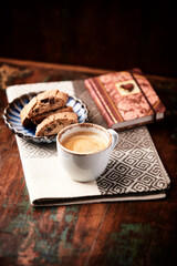 Cup of coffee on wooden background. Soft focus. Copy space	