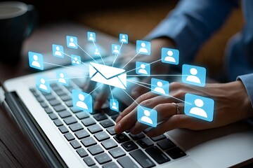 Person typing on laptop with email network overlay