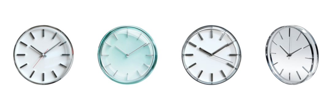 Wall Clocks With Minimalist Design Set. Modern Timekeeping And Home Decor Collection Isolated On Transparent Background