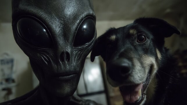 Alien and dog selfie in a mysterious setting with surreal atmosphere