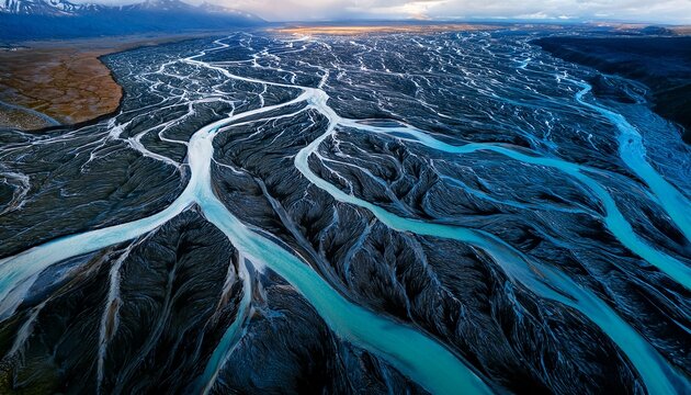 aerial view of winding river channels flowing through dark terrain creating patterns resembling veins with blue and teal hues