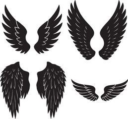 four unique black wing silhouettes, Explore our collection of black wing designs: choose from simple, sleek shapes to detailed, voluminous feather arrangements for your next art, tattoo, or branding 