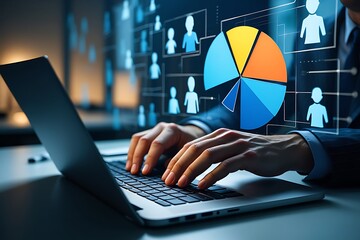 Person typing on laptop with data visualization overlay