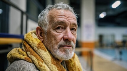 Senior man enjoys a peaceful moment on a gym bench after his refreshing workout session
