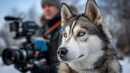 Siberian Husky showcases attentive focus during command execution in a snowy winter landscape