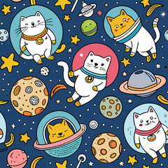Cats in space handdrawn doodle seamless pattern with planets and stars playful whimsical galaxy cat astronaut cartoon illustration kids space theme