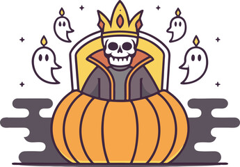 Cartoon illustration of a spooky skeleton king sitting in a pumpkin throne for halloween