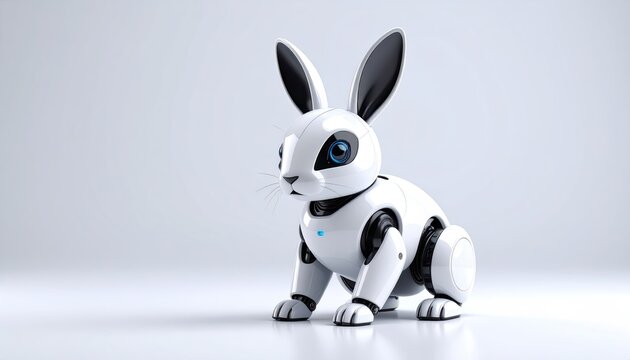 White robotic rabbit sits, futuristic design