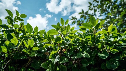 Fototapeta premium Lush green foliage against a partly cloudy sky.