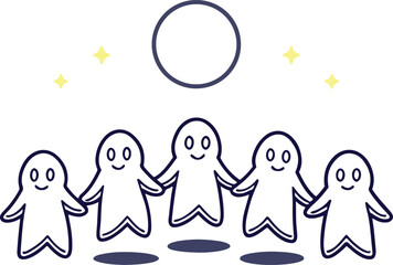 Cute halloween ghosts holding hands under the moon with sparkling star accents