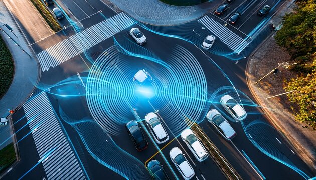 top view of autonomous cars with sensor waves on road representing smart transportation vehicle communication and advanced driver assistance systems in modern traffic