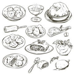 Russian Cuisine Sketch Set on Board