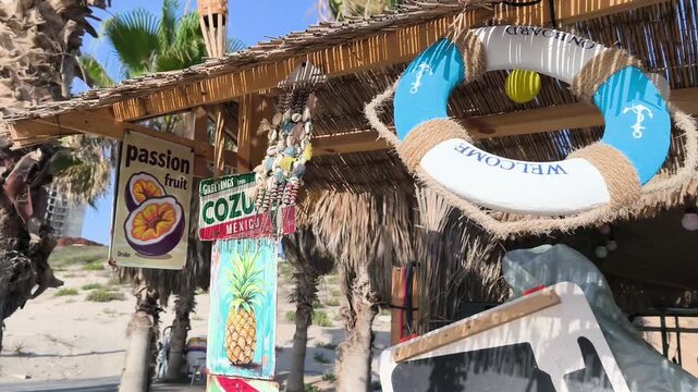 Hawaiian beach bar with wooden accents and a torch on the roof, palms on the background, bar is offering smoothie bowls, overlooking a panoramic sea view, sunny day, tropical, 
