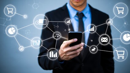 Man in suit using phone with connected network icons