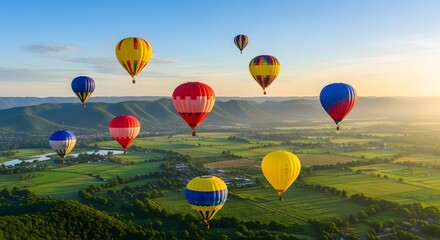 Fototapeta premium Colorful Hot Air Balloons Soaring Over Lush Green Valley at Sunrise