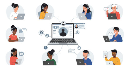 Flat vector illustration of a digital video conference connecting diverse people on their devices for remote meetings, telecommuting, and virtual communication.