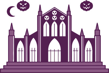 Fototapeta premium Spooky gothic halloween castle illustration with pumpkins and moon on a white background