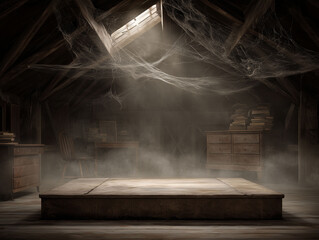 Dusty attic stage with cobwebs and old furniture podium