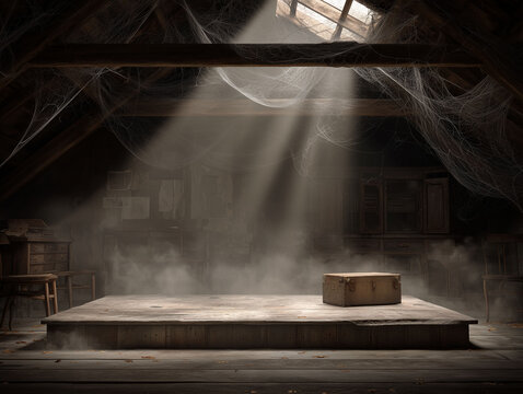 Dusty attic stage with cobwebs and wooden trunk abandoned