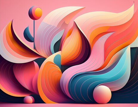 colorful abstract design featuring various semicircular shapes on a soft pink background