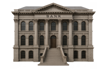 Imposing Bank Building with Columns and Stairs on Transparent Background
