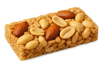 Fototapeta premium Nutritious protein bar featuring puffed rice, peanuts, almonds, delivering wholesome energy against transparent backdrop
