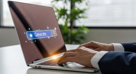 AI Content Generation: Man Typing on Laptop with Generate Search Bar for Automated Text Creation & Content Marketing Strategy