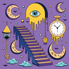 Surreal doodle dreamscape with eye clock and moon handdrawn fantasy steampunk illustration