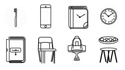 Black and white sketched design featuring a variety of objects, perfect for simple logo design, icon sets, or branding purposes.
