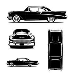 Black and white vector illustration of a classic car from multiple angles