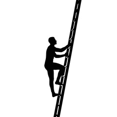 Silhouette of a man climbing a ladder against a stark white background view