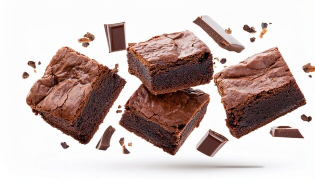 pieces of chocolate brownies flying isolated on transparent or white background